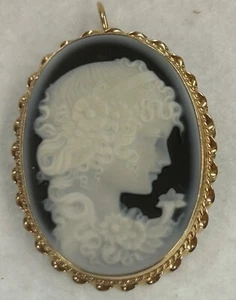 14Kt Solid Gold 585 Italian Blue Agate Cameo Pendant Pin 1.5"    LS - Picture 1 of 6