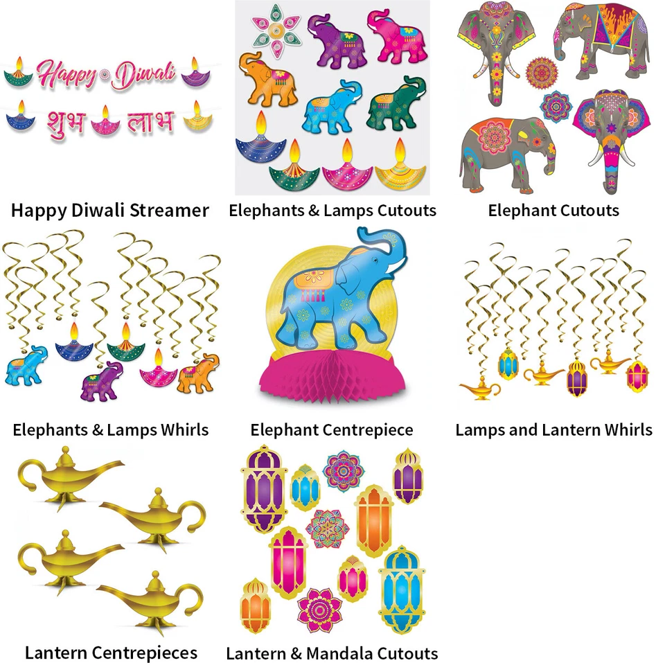 DIWALI ELEPHANTS & LANTERN THEME DECORATIONS - PARTYWARE COMPLETE SELECTION - Image 1 of 1