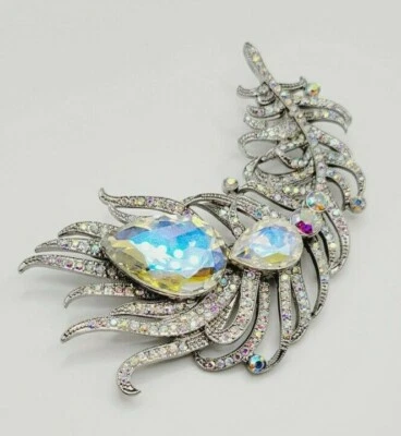 KIRKS FOLLY CRYSTAL LARGE CAPTIVATING FEATHER PIN BROOCH Aurora Borealis ST - Image 1 of 4
