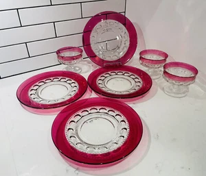 TIFFIN FRANCISCAN Kings Crown Thumbprint Ruby Red Cranberry Flash Plates & Bowls - Picture 1 of 4