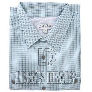 New ORVIS Mens Tech Shirt Woven Outdoor Hiking Fishing Gray Blue / Orange Plaid - Picture 1 of 11