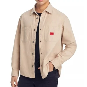 Hugo Boss Men's HUGO Oversized Erato Cotton Twill Red Logo LS Overshirt Beige L - Picture 1 of 7