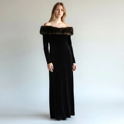 Vintage EC America Black Stretch Velvet Faux Fur Off-Shoulder Evening Gown 14 - Image 1 of 4