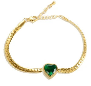 Woman 18K Gold Plated Stainless Steel Heart Green CZ Charm Bracelet Bangle - Bild 1 von 2