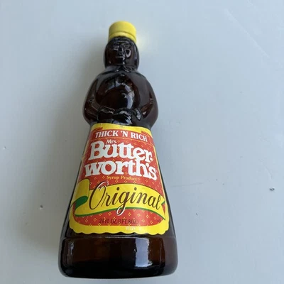 Vintage Mrs. Butterworth’s Glass Syrup Bottle 24 Oz Thick N Rich Butter Yellow  - Image 1 of 4