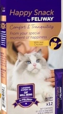 NEW! Feliway Happy Snack Cat Treats, 12 Pack Lickable Purée Real Chicken 0.5oz - Image 1 of 4