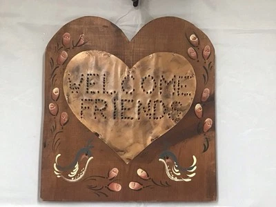 VTG Punched Copper Heart on Wood Wall Plaque Birds Roses “Welcome Friends”. - Image 1 of 4