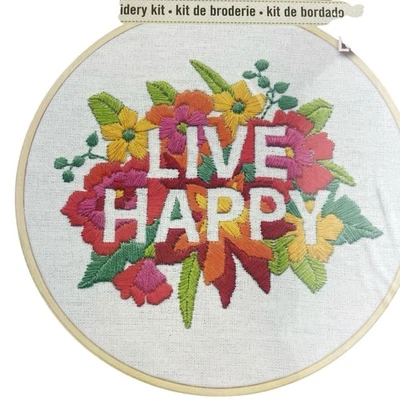 Dimensions Embroidery LIVE HAPPY Needlepoint Embroidery Kit Flowers Floral Hoop - Image 1 of 4