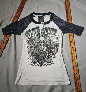 Vtg Crash and Burn Shirt Womens Small White Black Rhinestones Graphic Grunge Y2k - Picture 1 of 17
