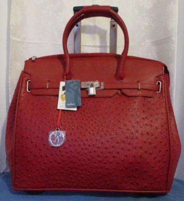 Rolling Ricardo Beverly Hills Travel Satchel In Dark Red Faux Leather & Ostrich - Image 1 of 4