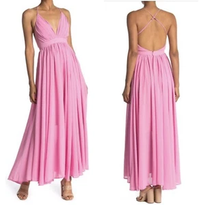 NEW MEGHAN Enchanted Garden BUMBLE GUM CHIFFON Pleated PLUNGE NECK Maxi DRESS XL - Picture 1 of 12