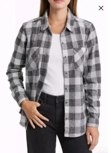 Beachlunchlounge Shacket Women Medium Buffalo Plaid Shirt Black Gray Grunge - Picture 1 of 11