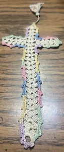 Antique Handmade Victorian Era Bookmark Religious Cross Bible Crochet 8” Colored - Picture 1 of 9