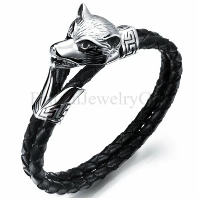 8.3" Stainless Steel Wolf Head Bracelet with Black Braided Leather for Men Boys - Image 1 of 4