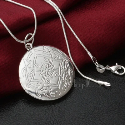 Colgante de flor medallón fotográfico redondo resistente al deslustre de plata de ley 925 + collar Foto 1 de 3