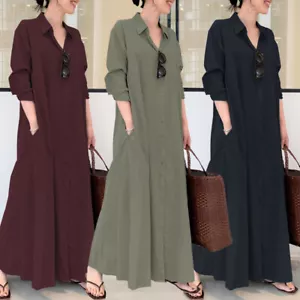 ZANZEA Womens Long Sleeve Button Up Solid Busimess Oversized Maxi Shirt Dress AU - Picture 1 of 15