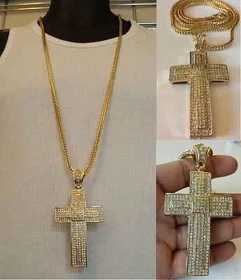 Cruz con acabado de oro amarillo de 14K para hombre con collar de cadena Franco de 36 pulgadas Foto 1 de 4