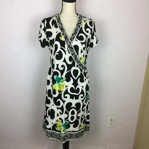 Alfani Wrap Sheath Dress Size M Womans Black White Floral Short Sleeve Beaded - Picture 1 of 14