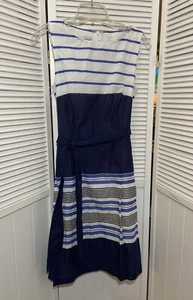 Anne Klein Womens 8 Dress Pleated Tie-Waist Sleeveless Stripe Blue Multi NWT - Picture 1 of 15