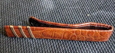 1945 - ish VINTAGE TIE BAR/ CLIP-ON BROWN ALLIGATOR LEATHER / THREE GOLD STRIPES - Image 1 of 4