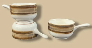 Sango WAVES BROWN  3 Onion Soup Bowls Stick Handles Excellent - Picture 1 of 8