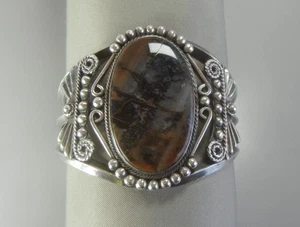 Fred Harvey Era Cuff Bracelet Sterling Silver Petrified Wood Jasper Wide Navajo - Picture 1 of 8