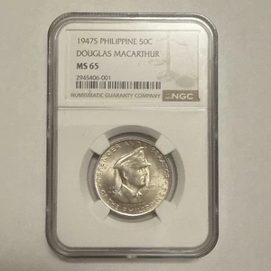 1947 S Philippine 50c Douglas MacArthur NGC MS 65 Graded Coin Silber 0,750 - Bild 1 von 4