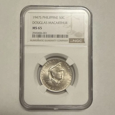 1947 S Philippine 50c Douglas MacArthur NGC MS 65 Graded Coin Silver .750 - Image 1 of 4