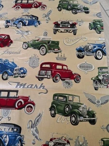 Vintage Cranston ANTICHE AUTO CLASSICHE tessuto di cotone, RARO 46" L X 42"W - Foto 1 di 4