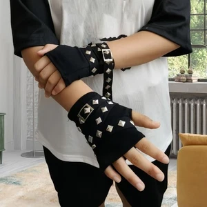 Black Rivet Strap Gloves with Buckle Straps YK Hot Girl Gloves JK Girl - Picture 1 of 8