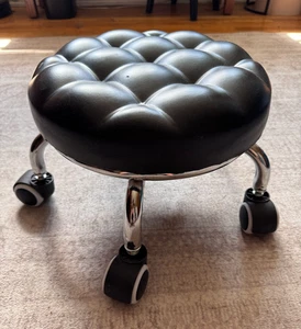 Low Foot Stool on Wheels ~ Black Faux Leather and Chrome 9.5" Tall, 13" Diameter - Picture 1 of 7
