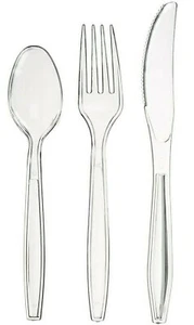 Clear Plastic Heavy Duty S/F/K 50 & 100 SIZE Reusable Cutlery Parties Weddings - Picture 1 of 4