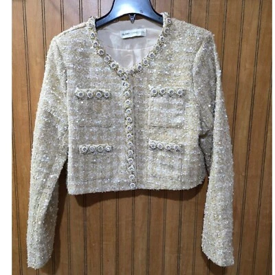 Glory Connection Tweed Jacket Sequin Embellished Party Career Blazer S — 第 1/4 张图片