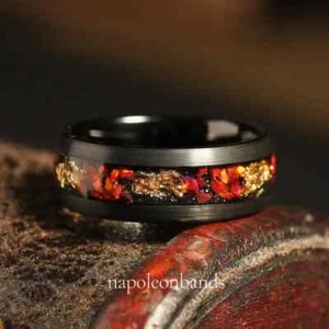 8mm Red Nebula Black Tungsten with Crushed Fire Opal Ring Men's Wedding Band - Picture 1 of 10