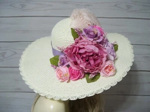 Damenhut Elfenbein mit Blumenhut, Pferderennenhut, Kirchenhut, Teepartyhut - Bild 1 von 4