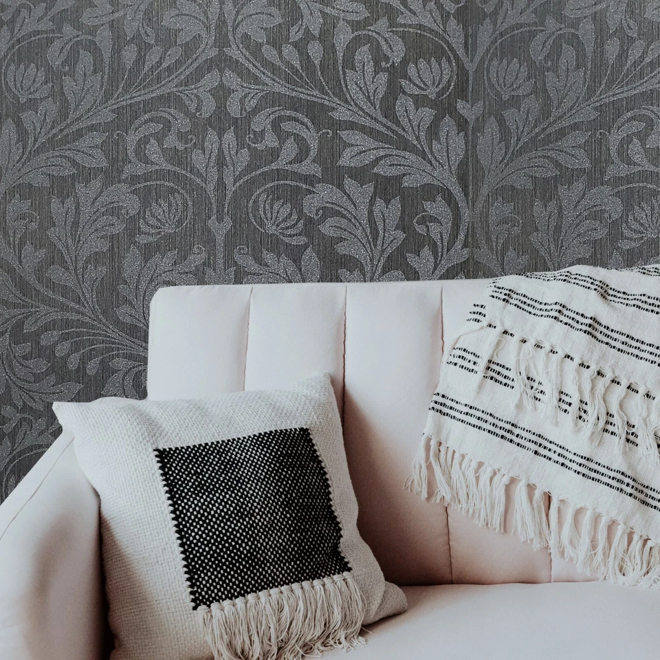 Floral Damask Glassbeads textured charcoal gray silver Metallic lines Wallpaper - Image 1 of 4