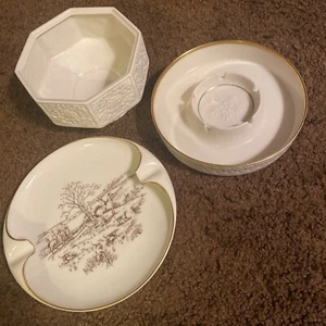 Vintage LENOX Fox Hunt Ashtray Embossed Planter Bowl USA 24K Gold Trim Lot 3 EUC - Picture 1 of 16