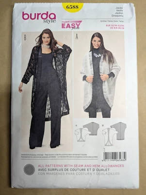 BURDA 6588 Sizes US 6/8-26/28 Misses Jacket Kimono Sleeve Drape Super EASY Uncut - Image 1 of 3