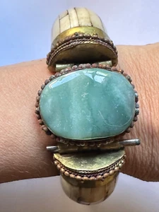 Heavy Antique Cuff BRACELET with a large green stone (1.5 " by 1") - Picture 1 of 7