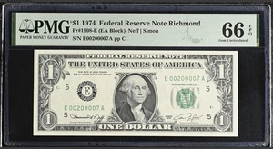 1974 $1 Richmond E00200007A PMG 66 EPQ ⭐ Low Serial Fancy Number FR 1908-E Gem - Picture 1 of 3