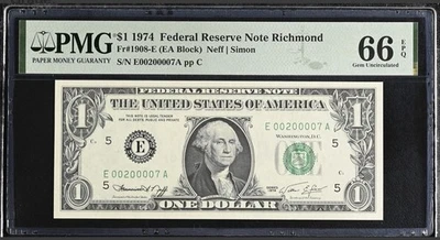 1974 $1 Richmond E00200007A PMG 66 EPQ ⭐ Low Serial Fancy Number FR 1908-E Gem - Image 1 of 3