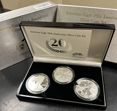 2006 American Silver Eagle 20th Anniversary 3 Coin Set w/Boxes & COA- No Toning - Image 1 of 4