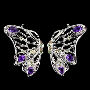 Summer 925 Silver Earrings Pear Amethyst Peridot Gemstone Butterfly Jewelry - Picture 1 of 13