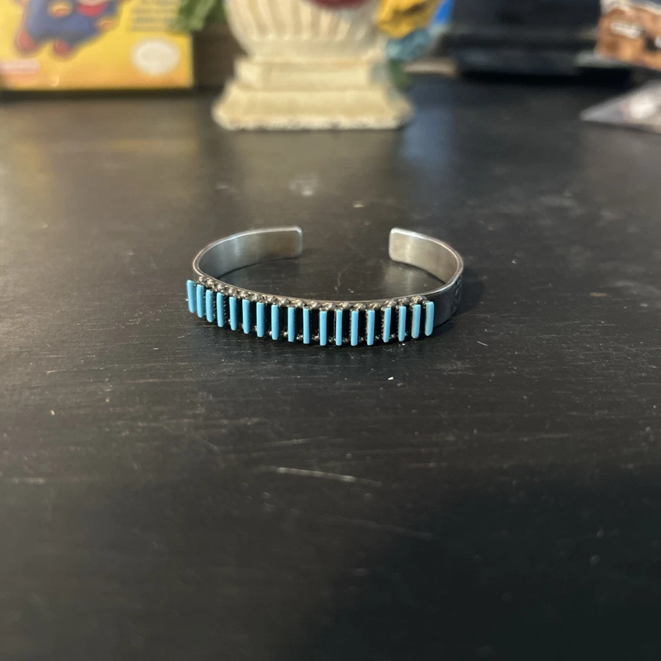 Rl Zuni Signed Needlepoint Turquoise Sterling Silver Vintage Cuff Bracelet - Image 1 of 4