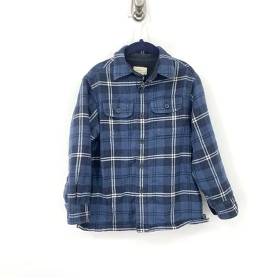 LL Bean 儿童小号 4 恤纽扣上衣蓝色法兰绒格子羊毛衬里 — 第 1/4 张图片