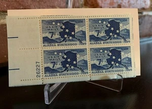 Estampilla de 7 centavos 1959 #C53 Alaska Statehood correo aéreo de Estados Unidos franqueo - bloque de placas de 4 - Imagen 1 de 2