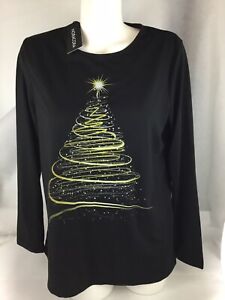 NWT Black Ladies Top Sz Medium With Swirled Christmas Tree In Gold Long Sleeve