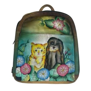 Anuschka Cat Dog Friends Floral Blumen handbemalt Leder Rucksack Tasche - Bild 1 von 4