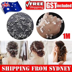 100cm Women Bridal Wedding Crystal Pearl Headband Hair Headdress Chain Headpiece - Picture 1 of 12