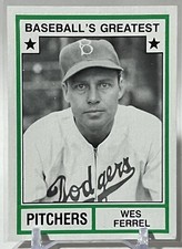 1982 TCMA BASEBALL'S GREATEST PITCHERS WES FERREL BROOKLYN DODGERS